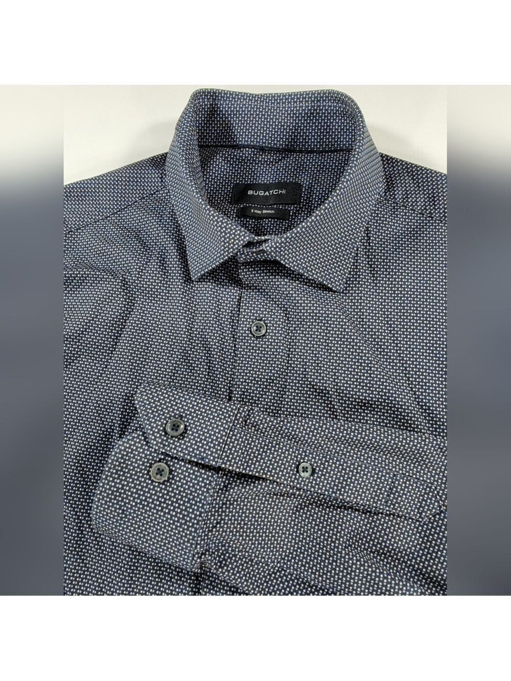 Bugatchi Tech 8 Way Stretch Button Shirt Men Large Long Sleeve Blue Mirco Dot